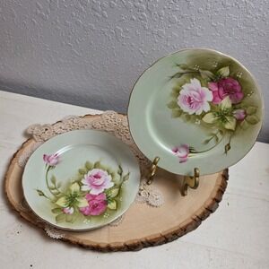 Lefton China Hand Painted Rose Plate Pair 7.25 diameter Green Pink Scallop 3068